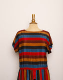 1970's Brown, Magenta, Turqouise and black striped light polyester dress