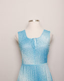 1970's Sleeveless Celeste Ombre pleated dress with blue speckle print and bow tie