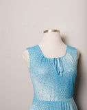 1970's Sleeveless Celeste Ombre pleated dress with blue speckle print and bow tie