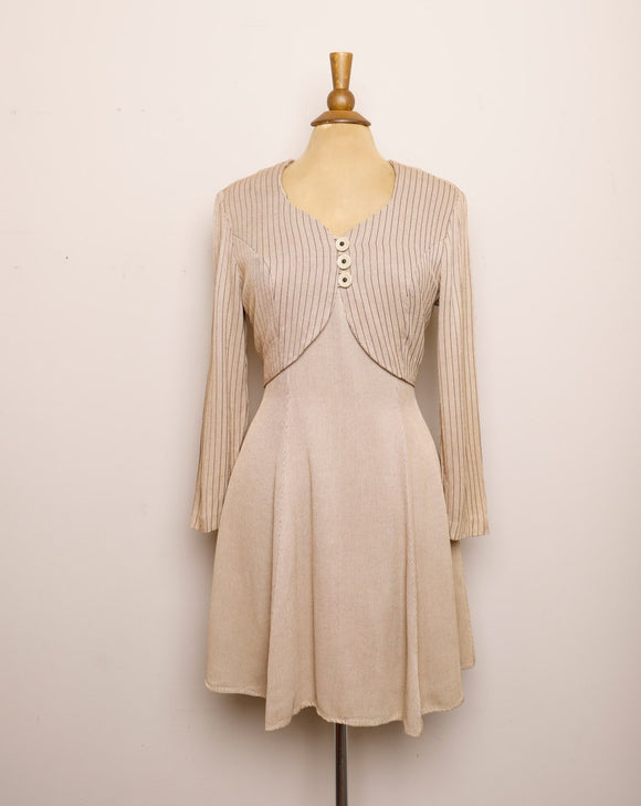 1990's Tan & brown pinstriped long sleeve mini dress with faux button vest built in on dress