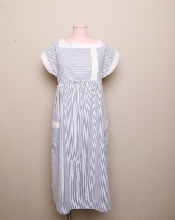 1970-1980's Blue & White pinstriped seersucker house dress with pockets