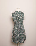 1990's Sleeveless Forest Green floral rayon mini dress with a laced up back corset and scallop cut out trim on neckline