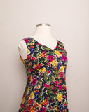 1990's Black sleeveless drop waist dress with yellow, navy and fuchsia florals