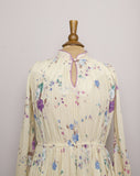1970's Sheer Ivory accordion pleated long sleeve dress with purple & blue florals and mandarin collar key hole