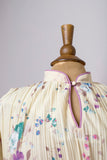 1970's Sheer Ivory accordion pleated long sleeve dress with purple & blue florals and mandarin collar key hole