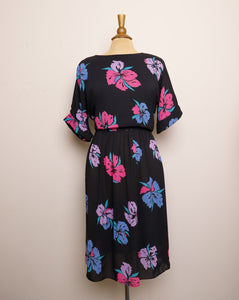 1980-1990's Black Sheer Dress with fuchsia, lilac & blue tropical flowers with a blouson bodice
