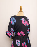 1980-1990's Black Sheer Dress with fuchsia, lilac & blue tropical flowers with a blouson bodice