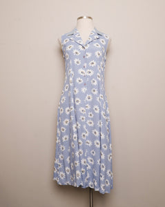 1990's Baby Blue daisy sleeveless rayon maxi button down dress with a light washed denim collar.