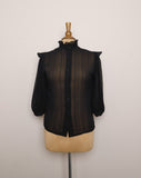 1970's Sheer striped Black Victorian style blouse, with a high ruffled collar, ruffled bib and puff sleeves.