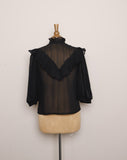 1970's Sheer striped Black Victorian style blouse, with a high ruffled collar, ruffled bib and puff sleeves.