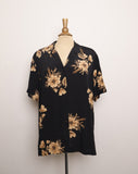 1990's Black rayon button up with light brown florals