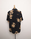 1990's Black rayon button up with light brown florals