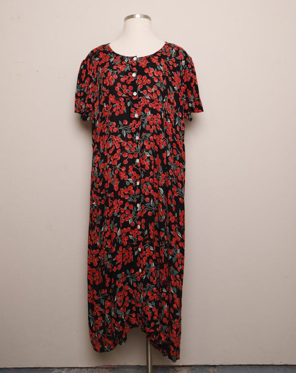 1990's Black Plus size maxi dress with all over cherry print and mother of pearls buttons all down the front.