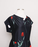 1980's Black Plus size dress with red and pink florals.