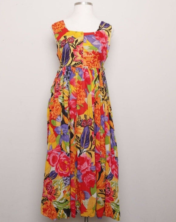 1990's Sleeveless Tropical Floral Indian cotton gauze maxi dress with side tie straps