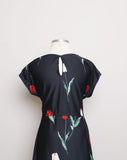 1980's Black Plus size dress with red and pink florals.