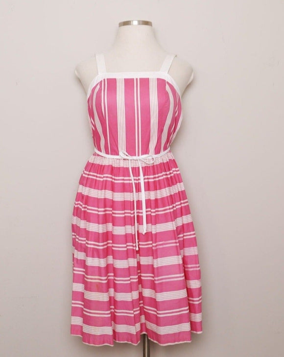 1970's Pink and white striped sleeveless plus size dress with smocking