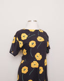 1980's Black cotton short sleeve dress with yellow poppy flower print.