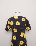 1980's Black cotton short sleeve dress with yellow poppy flower print.