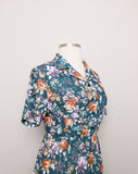 1980's Pine Green Plus size shirt dress with fall florals.