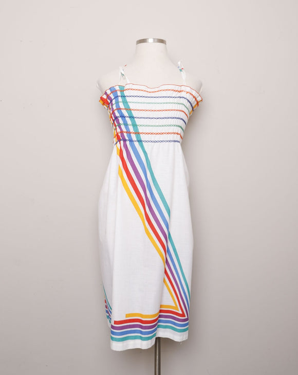 1970's White Rainbow tie strap Plus size dress with smocking top