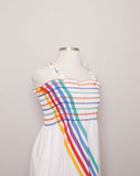 1970's White Rainbow tie strap Plus size dress with smocking top