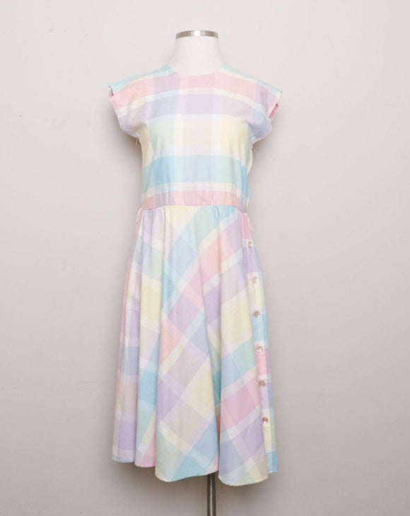 1970's Pastel Candy Plaid Plus Size Dress with side buttons