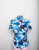 1990's-Y2K Turquoise, Navy and White floral short sleeve button down top