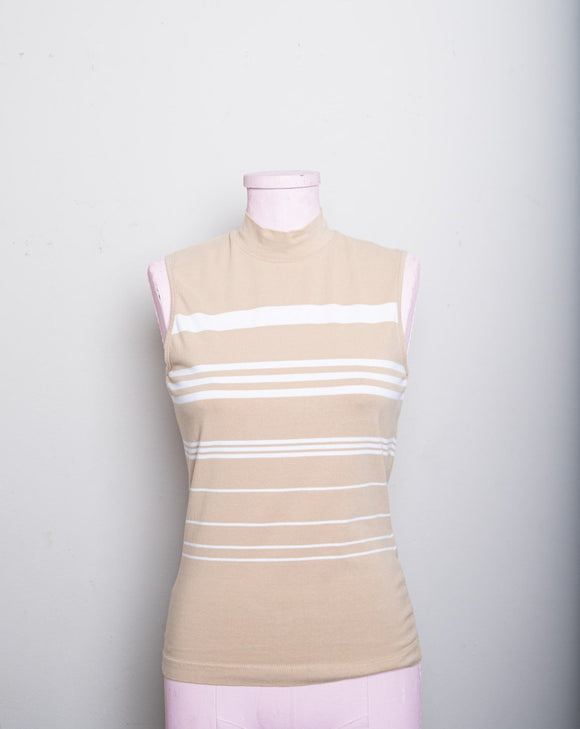 1990's Tan & white striped sleeveless mock neck top