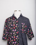 1990's Black Polka dot short sleeve button down shirt with a red and pink rose bud print