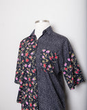 1990's Black Polka dot short sleeve button down shirt with a red and pink rose bud print