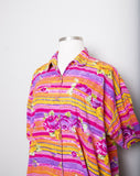1990's Hot pink and orange rose bud printed plus size short sleeve shirt