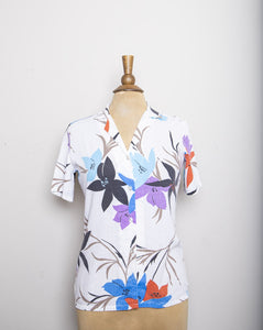 1970-80's White short sleeve button down with red, blue & purple tropical floral print