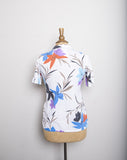 1970-80's White short sleeve button down with red, blue & purple tropical floral print