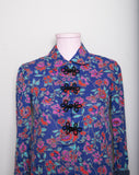 1970's Navy blue 3/4 sleeve cropped top with red & fuchsia florals and Frog closures