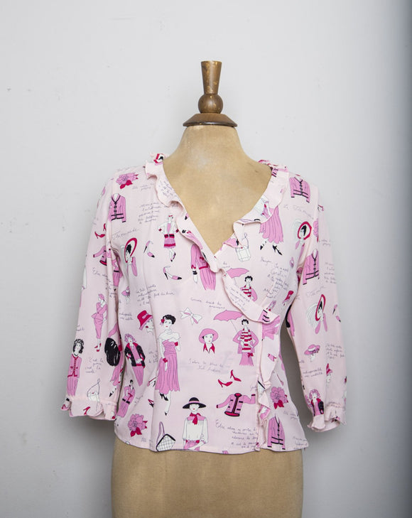 AMAZING 1990's-Y2K Pink 3/4 ruffled sleeve silk top with a French fashion girls novelty print