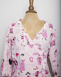 AMAZING 1990's-Y2K Pink 3/4 ruffled sleeve silk top with a French fashion girls novelty print