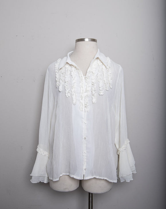1990's-Y2K White sheer long sleeve button down plus size top with ruffles and bell sleeves