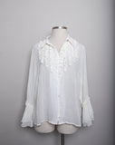 1990's-Y2K White sheer long sleeve button down plus size top with ruffles and bell sleeves