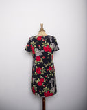 1990's Black short sleeve tunic dress with a rose and laced print