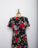 1990's Black short sleeve tunic dress with a rose and laced print
