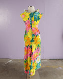 1960's Green, Pink & Yellow Hawaiian Psychedelic Floral tiki Maxi Dress