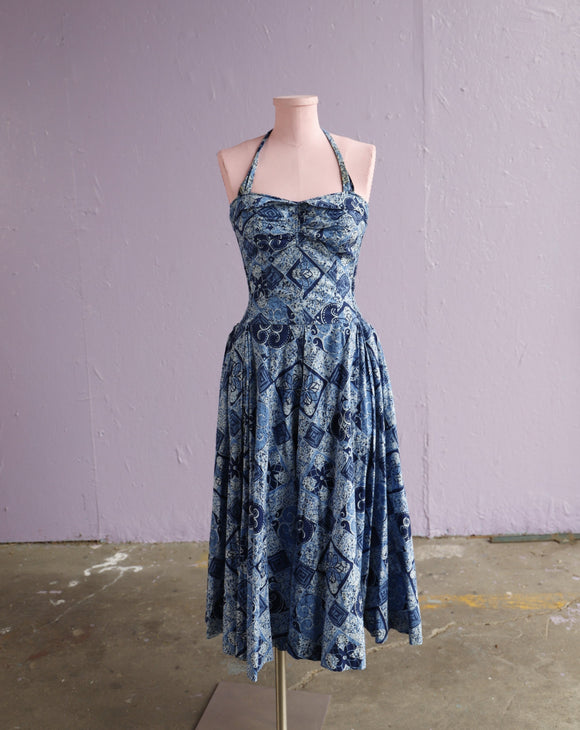 1950's Kahala Blue Hawaiian floral batik print halter dress with smocking