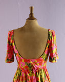 1970's Pink empire waist Hawaiian water color floral jersey maxi dress