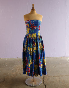 1980's Blue tropical floral strapless tea length dress with scalloped  waist.