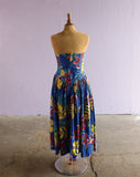 1980's Blue tropical floral strapless tea length dress with scalloped  waist.
