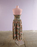 1980's Taupe & Blush pink strapless tropical leopard and lily print dress