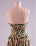 1980's Taupe & Blush pink strapless tropical leopard and lily print dress