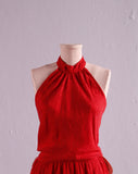 1980's Red silk high neckline dress
