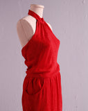 1980's Red silk high neckline dress